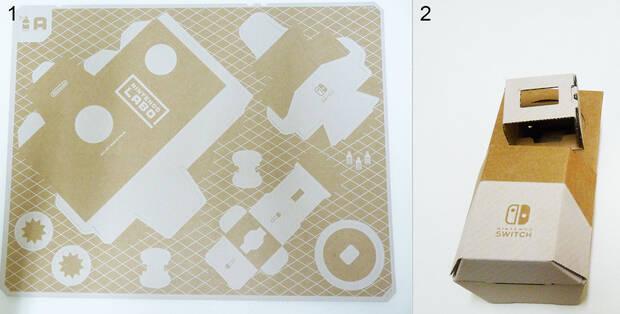 Como los dem�s Nintendo Labo, el Kit 3 llega en l�minas (1) de las que hay que extraer las piezas. Es casi imposible equivocarse en la pieza o los dobleces. En este caso una sola l�mina sirve para crear el bote de espray (2).