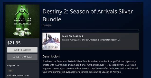 Destiny 2 - Season of Arrivals filtrada en PlayStation Store
