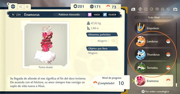Leyendas Pokémon: Arceus - Aumentar rápido a nivel 10 de progreso la Pokédex de Tornadus, Thundurus y Landorus