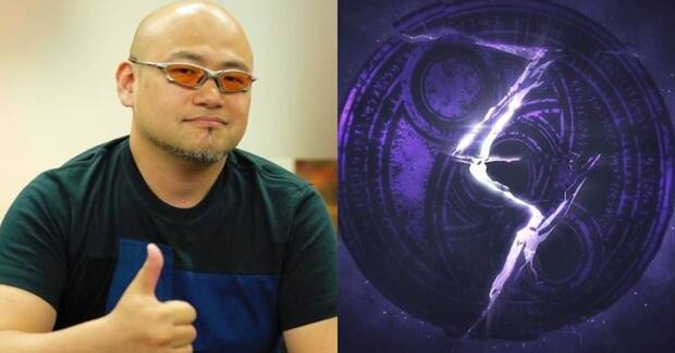 Hideki Kamiya, de PlatinumGames, junto al logo de Bayonetta 3.