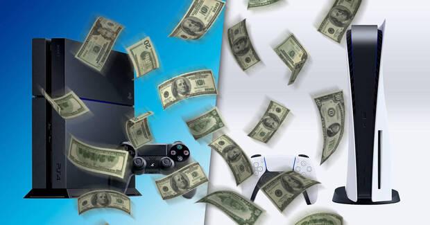 ¿Merece la pena comprar una PS4 Pro o PS4 en 2023? ¿Están ya obsoletas? - Montaje fotográfico con una PS4, una PS5 y una lluvia de billetes