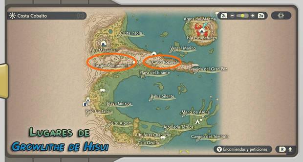 Leyendas Pokémon: Arceus - Growlithe de Hisui: Mapa con lugares de aparición