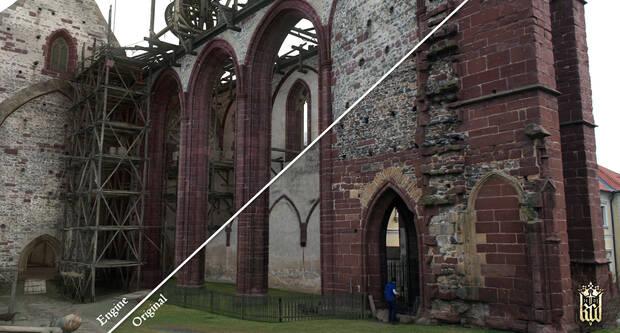 La fidelidad histórica en algunos detalles es sorprendente, y por ejemplo se han recreado algunos edificios reales de la época, como castillos. En esta imagen podemos ver una edificación en la realidad, y su modelado en el juego.