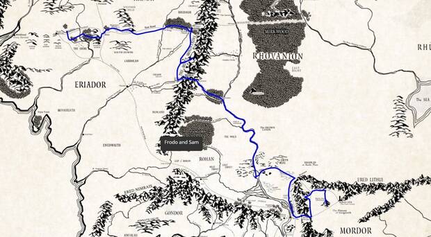 Imagen del mapa interactivo de LOTRproject con la ruta seguida por Frodo y Sam desde la Comarca hasta el Monte del Destino