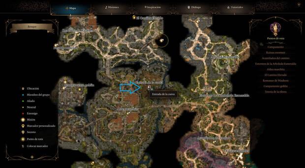 Baldur's Gate 3 - Localización en el mapa de la cueva del cachorro de oso lechuza
