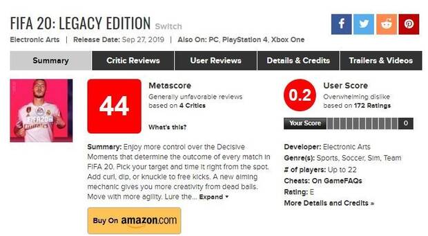 FIFA 20 de Nintendo Switch, vctima del "review-bombing" en Metacritic Imagen 2