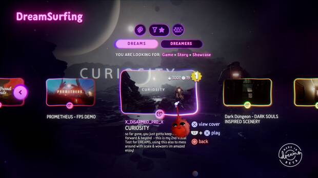 DreamSurfing es la b�squeda de niveles. Podemos votar y dejar comentarios, tal y como suced�a en LBP, para encontrar aquellos mejor valorados o los que se ajusten a un g�nero concreto.