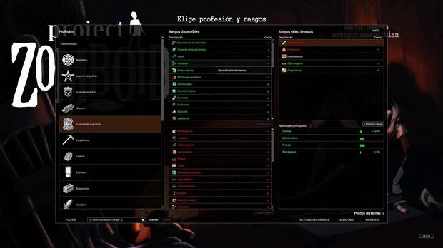 Esta es la secci�n en la que escogeremos habilidades y rasgos de nuestro personaje antes de empezar a jugar.