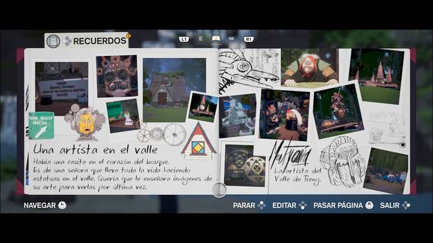 Las páginas del diario acabarán siendo un batiburrillo de fotos, dibujos, garabatos y reflexiones. Revisitar nuestro viaje a través de ellas es de las mejores sensaciones que ofrece el juego.
