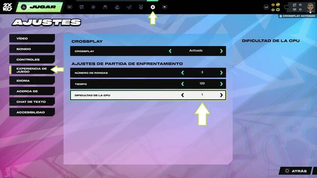 2XKO - Cambiar el nivel de dificultad de la CPU desde el menú de ajustes
