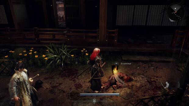 Nioh 3 - La ca�da del castillo de Edo, cuerpo con la llama amarilla en el jard�n del dojo