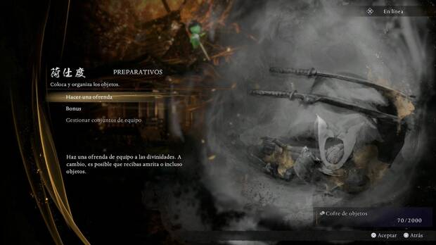 Nioh 3 - La huida de la ladera de Hitokoto, men� de ofrendas en el Santuario