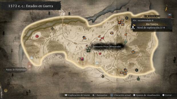 Nioh 3 - Santuarios del R�o Tenryu, ubicaci�n del santuario Hojo en la zona central de la regi�n