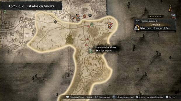 Nioh 3 - Santuarios de Tokaido, ubicaci�n del Bosque de las Almas en la zona sudeste de la regi�n