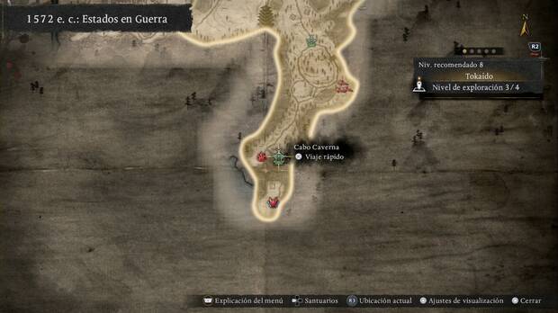 Nioh 3 - Santuarios de Tokaido, ubicaci�n del Cabo Caverna yendo al sur por el sendero sudeste