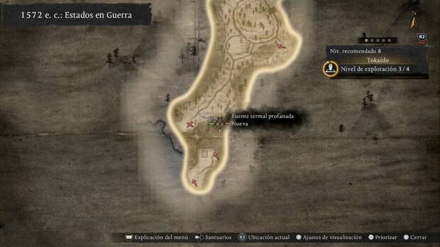 Nioh 3 - Misiones secundarias de 1572, Fuente termal profanada, ubicaci�n del esp�ritu junto al santuario Cabo Calavera