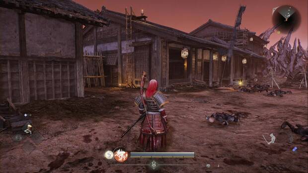 Nioh 3 - Kodama de Hamamatsu, escalera del lado norte de la calle que lleva al puente del oeste de la aldea y que permite llegar hasta el kodama del tejado