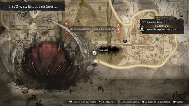 Nioh 3 - Sudama en Hamamatsu, ubicaci�n del sudama al oeste de la aldea, junto al santuario Aldea del castillo de Hamamatsu (este)