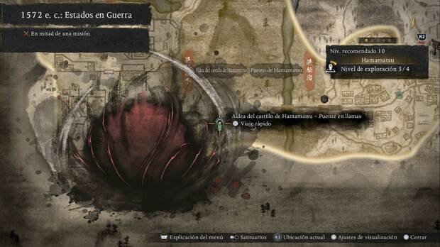 Nioh 3 - Estatuas de bodhisattva, Aldea del castillo de Hamamatsu al entrar en el Purgatorio de Hamamatsu