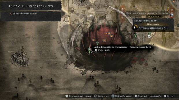 Nioh 3 - Estatuas de bodhisattva en Hamamatsu, ubicaci�n de la Aldea del castillo de Hamamatsu - Primera puerta Torii