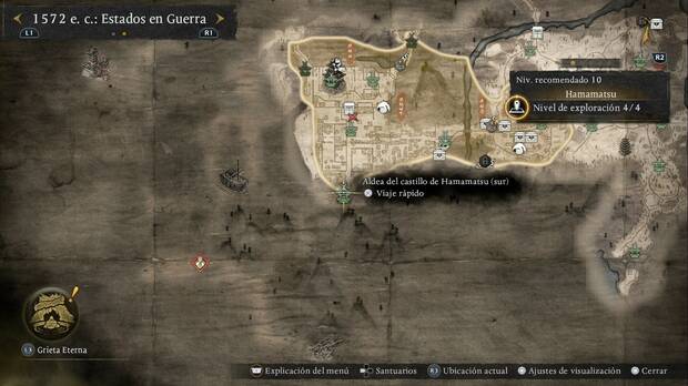 Nioh 3 - Santuarios en Hamatama, ubicaci�n del santuario Aldea del castillo de Hamamatsu (sur) en la zona suroeste de la regi�n