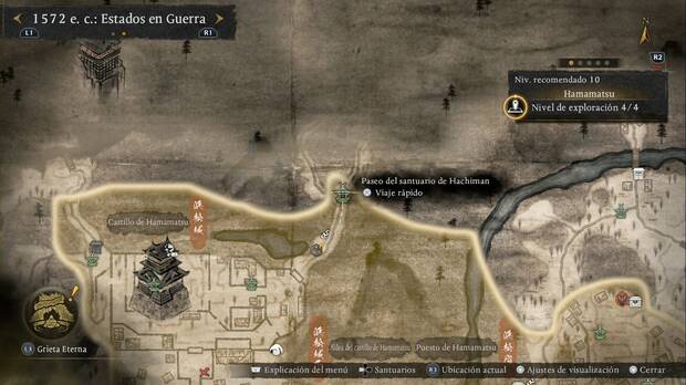 Nioh 3 - Santuarios en Hamatama, ubicaci�n del santuario Paseo del santuario de Hachiman en la salida nordeste del recinto del castillo de Hamamatsu