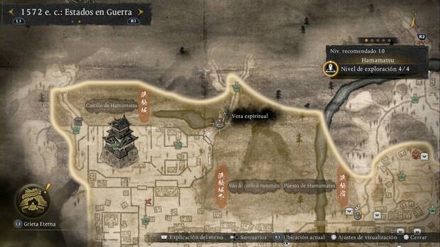 Nioh 3 - Vetas espirituales de Hamamatsu, ubicaci�n de la veta al nordeste del castillo que se completa con la Carrera huracanada