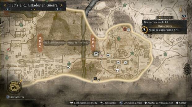 Nioh 3 - Cofres en Hamamatsu, ubicaci�n del cofre al oeste del puente que conecta la aldea con el castillo