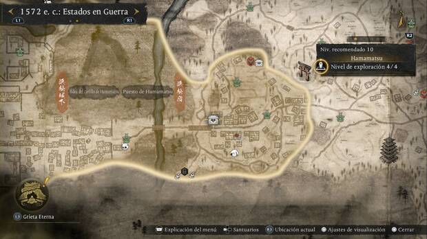 Nioh 3 - Cofres en Hamamatsu, ubicaci�n del cofre cerca del puente que lleva al oeste