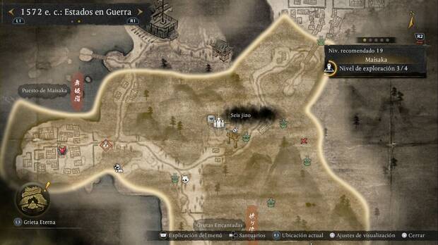 Nioh 3 - Seis jizo de Maisaka, ubicaci�n de los Seis jizo en la zona central, donde se encuentra el Molino de agua