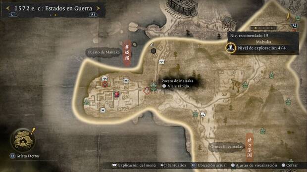 Nioh 3  - Santuarios en Maisaka,  ubicaci�n del Puesto de Maisaka en la zona oeste de la regi�n, cerca de las bases enemigas