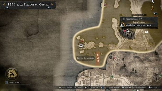 Nioh 3 - Cofres del Lago Sanaru, ubicaci�n del cofre en el templo de la esquina suroeste de la regi�n