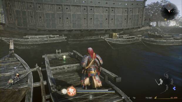 Nioh 3 - Kodama del Lago Sanaru, ubicaci�n del kodama en las barcazas cerca de la base enemiga del suroeste