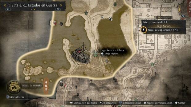 Nioh 3 - Santuarios del Lago Sanaru, ubicaci�n de la Ribera en la zona sur de la regi�n