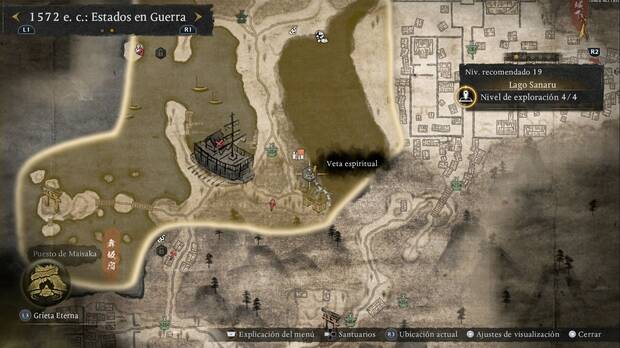 Nioh 3 - Vetas espirituales del Lago Sanaru, ubicaci�n de la veta en la esquina sudeste, bajo el templo