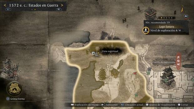 Nioh 3 - Vetas espirituales del Lago  de Sanaru, veta en la zona norte-noroeste de la regi�n, al oeste del Puente de Otsuri