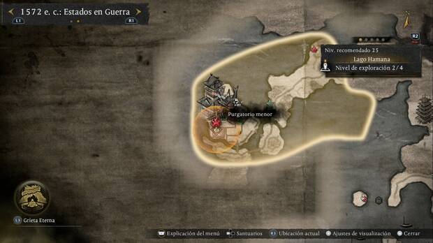 Nioh 3 - Purgatorios menores en el Lago Hamana, ubicaci�n del purgatorio del castillo en el margen oeste del Lago Hamana