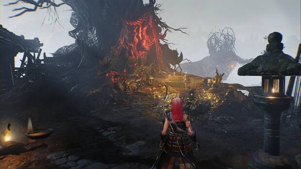 Nioh 3 - Misiones secundarias, Desastre en el lago Hamana: pedestal al pie del �rbol del patio desde el que se puede ver al Daidarabochi