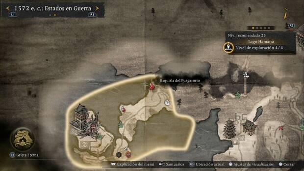 Nioh 3 - Esquirlas del Purgatorio en el Lago Hamana, ubicaci�n de la esquirla de la esquina nordeste