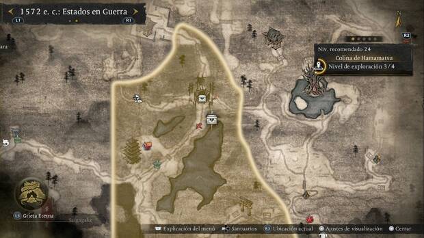 Nioh 3 - Cofres de la Colina de Hamamatsu, ubicaci�n del cofre al sudeste del cruce de la zona norte de la regi�n
