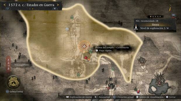 Nioh 3 - Santuarios en Iinoya, ubicaci�n del santauario Ruinas del templo - Cementerio en el templo de la zona sur-sudeste de la regi�n