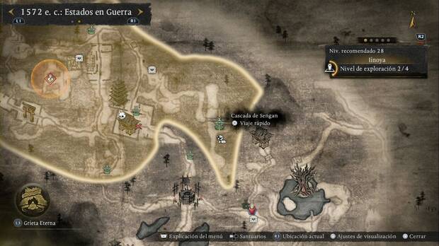 Nioh 3 - Santuarios de Iinoya, ubicaci�n de la Cascada de Sengan en la esquina sudeste de la regi�n