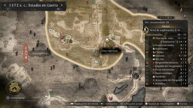 Nioh 3 - Vetas espirituales de Iinoya, ubicaci�n de la veta que est� en la zona m�s al sur de la regi�n