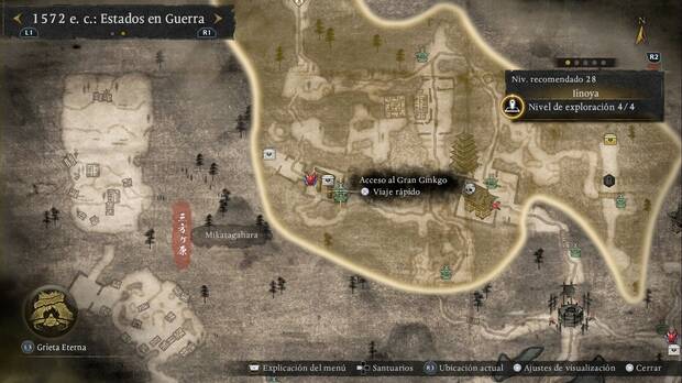 Nioh 3 - Santuarios de Iinoya, ubicaci�n del Acceso al Gran Ginkgo en la zona suroeste, justo antes de una base enemiga
