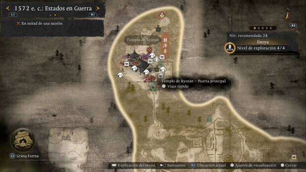 Nioh 3 - Misiones secundarias, La aparici�n del Templo de Ryotan: ubicaci�n del santuario Templo de Ryotan - Puerta principal al noroeste de Iinoya