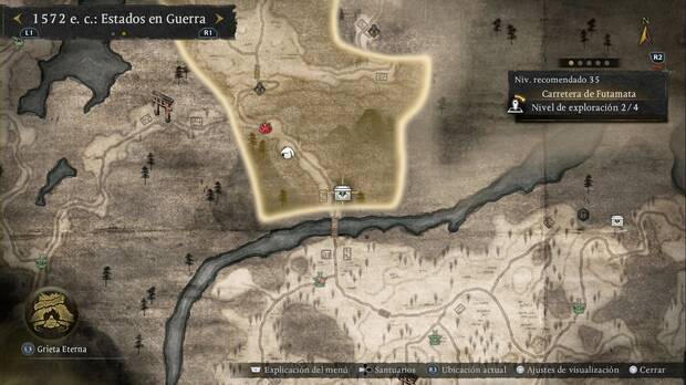 Nioh 3 - Cofres en la Carretera de Futamata, ubicaci�n del cofre m�s al sur-sudeste de la regi�n