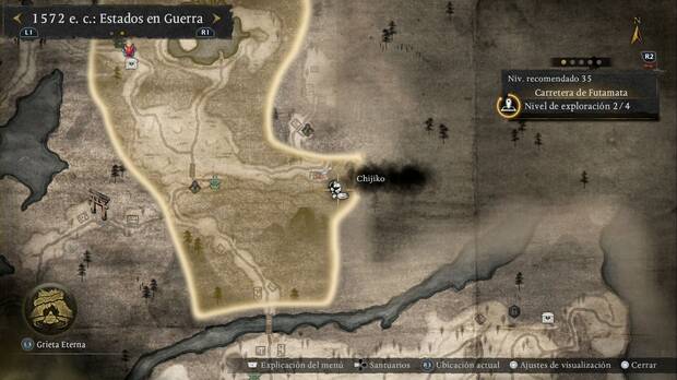 Nioh 3 - Chijiko en la Carretera de Futamata, ubicaci�n del chijiko al sudeste del sendero que lleva a la entrada sur de Futamata