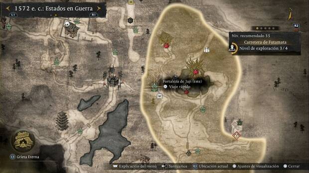 Nioh 3 - Santuarios en la Carretera de Futamata,  ubicaci�n de la Fortaleza de Juji (este) en la base enemiga del  sendero que sale al oeste en direcci�n a la Clina de Hamamatsu