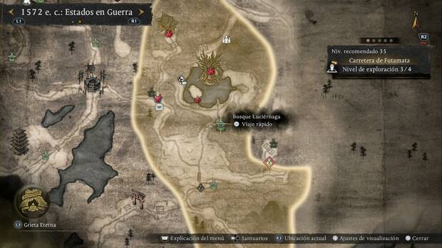 Nioh 3 - Santuarios en la Carretera de Futamata, ubicaci�n del Bosque Luci�rnaga al sur del gran �rbol del lago