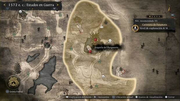 Nioh 3 - Esquirlas del Purgatorio en la Carretera de Futamata, ubicaci�n de la esquirla al suroeste del lago del norte